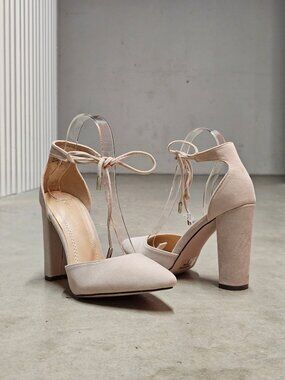 Ankle Strap Block Heel Suede Pumps In Nude Beige For Women